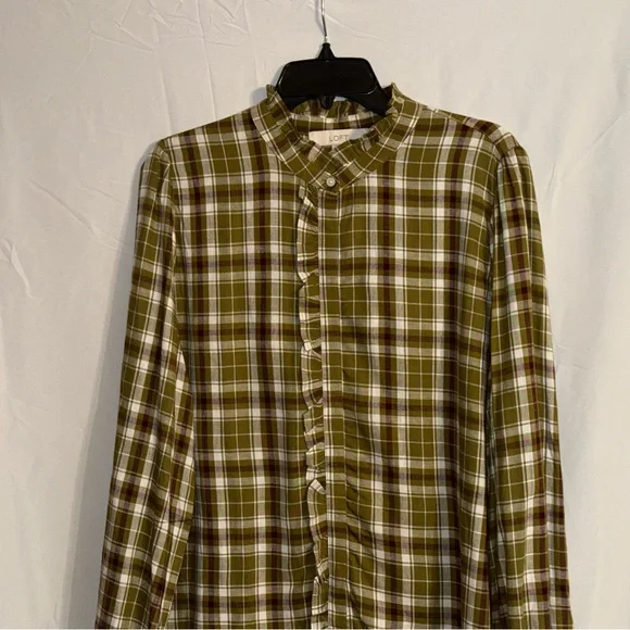 NWT LOFT Olive Plaid Long Sleeve Ruffled Blouse Size Large - Picture 3 of 9